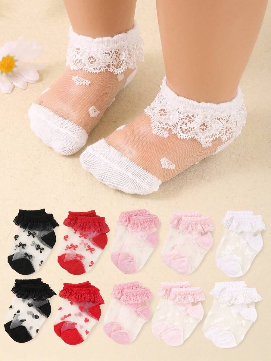 10/5/1 Đôi tất nhảy múa ren viền cho bé gái, kiểu dáng và màu sắc ngẫu nhiên, tất công chúa lưới xuyên thấu với họa tiết nơ và trái tim, thích hợp cho bé mặc hàng ngày và làm quà tặng, dành cho bé 0-3 tuổi, quà tặng ngày Valentine và Lễ Tạ ơn. - Nhiều màu - Xem 1