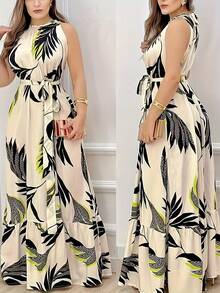 Women's Casual Sleeveless Dress With Botanical Print, Elegant, Summer, Boho Dress With Belt, Gathered Hem, Round Neck Gathered Sleeves, Regular Fit, Long With Tropical Floral Print - màu đen - Xem 1