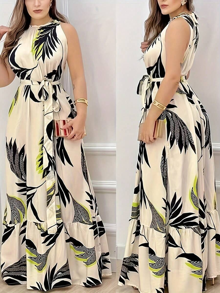 Women's Casual Sleeveless Dress With Botanical Print, Elegant, Summer, Boho Dress With Belt, Gathered Hem, Round Neck Gathered Sleeves, Regular Fit, Long With Tropical Floral Print - màu đen - Xem 1