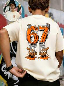 Camiseta de manga corta con cuello redondo y estampado informal para niños preadolescentes, top de verano - Albaricoque - Ver 1