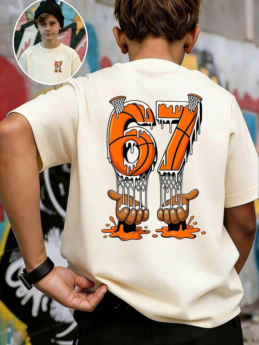 Camiseta de manga corta con cuello redondo y estampado informal para niños preadolescentes, top de verano - Albaricoque - Ver 1