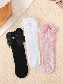 3 pares de calcetines de media caña rectos, dulces y lindos con lazo para niñas, con adorno de encaje, volantes y perlas, transpirables y anti-mosquitos, aptos para uso diario en primavera/verano - Multicolor - Ver 1