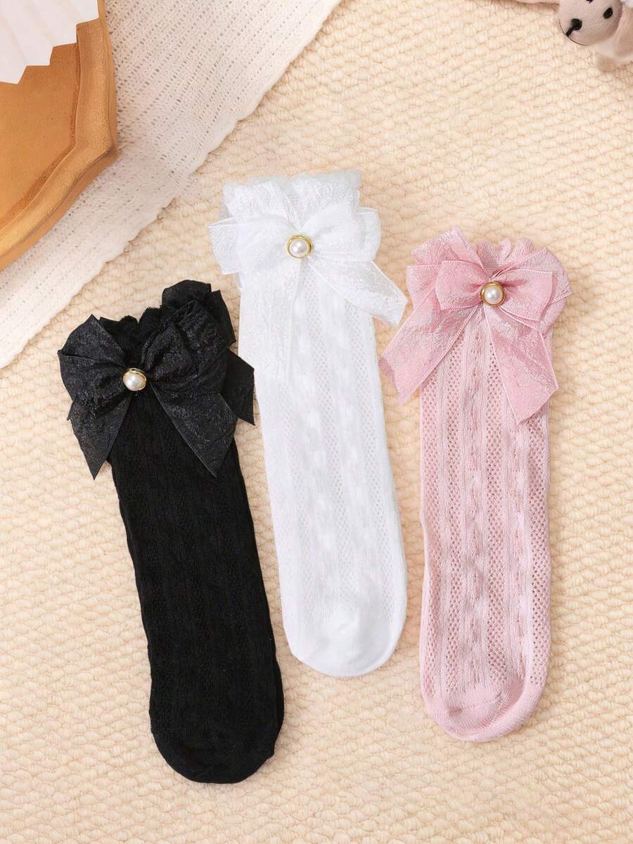 3 pares de calcetines de media caña rectos, dulces y lindos con lazo para niñas, con adorno de encaje, volantes y perlas, transpirables y anti-mosquitos, aptos para uso diario en primavera/verano - Multicolor - Ver 1