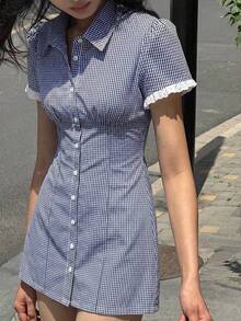 Đầm sơ mi tay phồng cạp chun phối ren tinh tế Ashlynn, thích hợp cho mùa hè, mùa xuân, kỳ nghỉ, thanh lịch, trang phục mùa hè. - Màu xanh bụi bặm - Xem 2