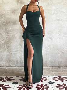 Summer Women's Elegant Green Halter Neck Tie-Up Bust-Enhancing Slit Ruffle Dress, Suitable For Graduation Season Party - Green - View 7