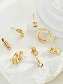 7pcs Fashionable Minimalist Elegant Delicate Retro Design Copper Material CZ Rhinestone Geometric Tassel Pendant Hoop Earrings Set, Suitable For Holiday, Party, Date, Daily Wear, Gift - Yellow Gold - View 5