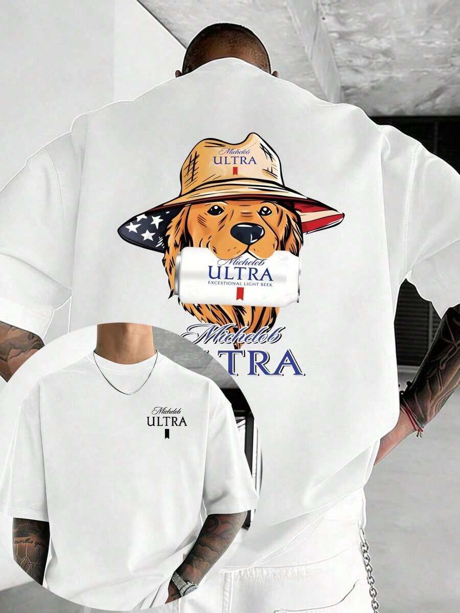 T-shirt humoristique sur le thème de la bière pour hommes, motif Golden Retriever avec une bière dans la bouche, 100 % coton de haute qualité, manches courtes, coupe ample, style urbain Y2K, idéa - Blanc - Voir 1