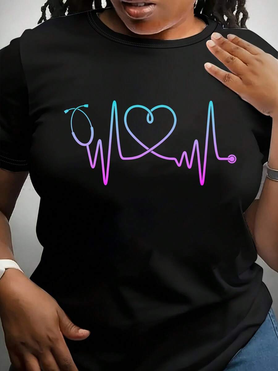 Plus Size, Nurse Stethoscope Graphic Oversized Print T-Shirt - Comfortable, Round Neck, Short Sleeve - Perfect For Spring/Summer/Fall - 黑色 - 查看 1