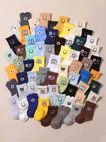 10 pares de calcetines casuales de tobillo para bebé con estampado de oso de dibujos animados de colores aleatorios, calcetines suaves y amigables con la piel, adecuados para jugar y combinar con atuendos - Multicolor - Ver 1