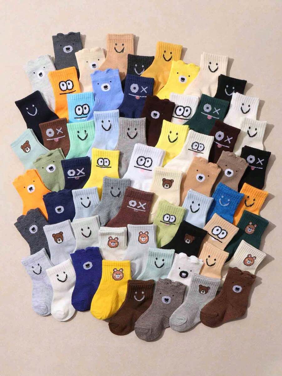 10 pares de calcetines casuales de tobillo para bebé con estampado de oso de dibujos animados de colores aleatorios, calcetines suaves y amigables con la piel, adecuados para jugar y combinar con atuendos - Multicolor - Ver 1