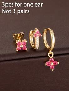3PCS Fashion Zirconia Flower Dangle Earrings Sets For Women 18K Gold Plated Geometry Flowers Hoop Earring Cartilage Piercing Jewelry - 3PCS-gold 2 - View 5