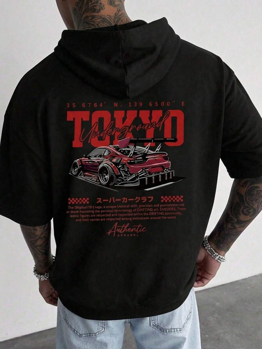 Camiseta con capucha de verano para hombre, estampado de grafiti de automóvil JDM, moda callejera - Negro - Ver 1