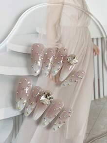 Móng giả cao cấp kiểu Qianjin màu nude, hiệu ứng chuyển màu trứng bồ câu, dáng dài, đính đá lấp lánh, có thể tháo rời. - Nhiều màu - Xem 2