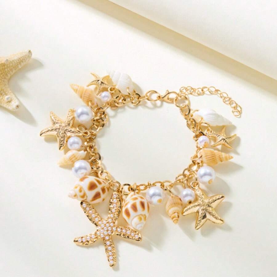 1pc Fashionable Niche Ocean Style Faux Pearl Starfish Pendant Anklet, Suitable For Summer Beach, Party, Date, Daily Wear Jewelry Gift - Multicolor - View 1