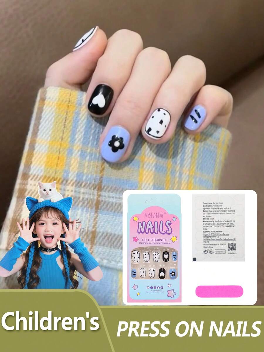 24pcs Kids Short Square Embossed Nail Stickers, Featuring White, Light Blue And Solid Black Contrast Colors, Paired With Simple Cute Patterns Like Hearts, Small Flowers And Polka Dots, Vibrant And Design Specially For Children Kids Nails - Multicolor - View 1