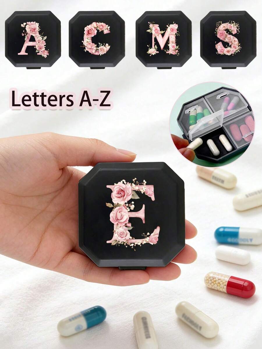 六格便携式药盒，胶囊收纳盒，旅行用药盒，药瓶，粉色玫瑰字母设计，A-Z（不含Q/U）图案，六格药片整理盒，适用于旅行、居家、户外、露营、狩猎、医疗用品、药盒、药品收纳盒、医疗包旅行配件、宿舍必备