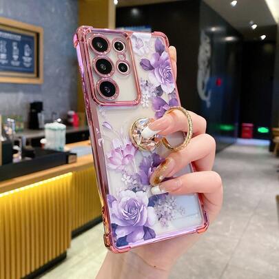 Sequins,Rhinestone (Android Series) Ring Holder Stand, Rhinestone, Purple Floral Design, 4-Corner Air Cushion Anti-Drop Transparent Case, Suitable For SX A57 A37/57 A123456789987654321 45G, Electroplated 4-Corner Air Cushion Anti-Drop Transparent Phone Case, Compatible With Samsung/S26/S25/S24/S23/S22 Series/A Series, Moto, Pixel