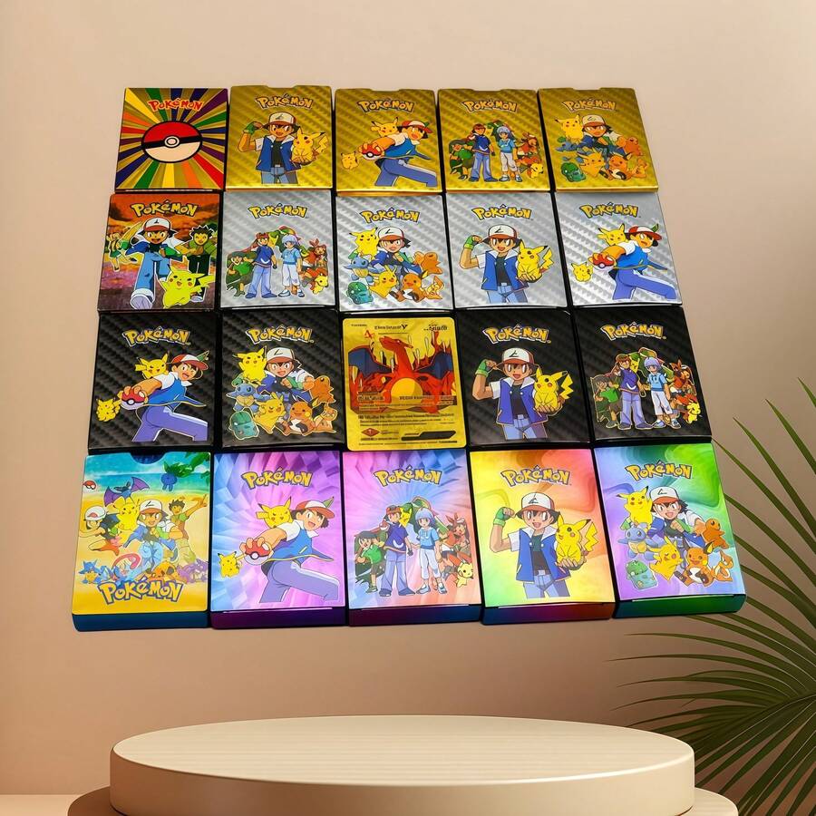 pokemon 可爱卡通动漫魔法金箔卡牌，黑色、金色、银色，4种语言（英语、法语、德语、西班牙语）桌游派对娱乐卡牌 - 彩色 - 查看 1