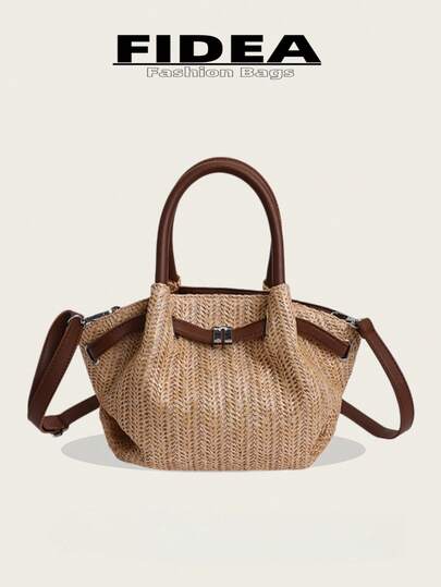 度假季时尚织带设计草编饺子包，简约别致女士单肩包，大容量实用包，涤纶材质高端优雅包，适合旅行、购物、通勤、度假等各种场合的多功能女士包袋