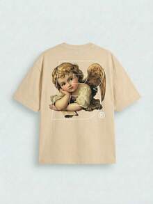 Camiseta de Manga Curta com Gola Redonda, Estampa Gráfica de Letra de Anjo Vintage, Moda de Rua Casual de Verão para Homens FRACTYR - Damasco - Visão 4