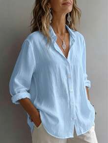 Women's Elegant Resort Style V-Neck Top, Loose And Relaxed Linen Blend Shirt, Suitable For Commuting, Casual, And Artistic Styles, Slimming And Flattering, Everyday Chic, Loose-Fitting, Draping, Breathable, Comfortable, And Relaxed Style. - Màu xanh lam - Xem 5