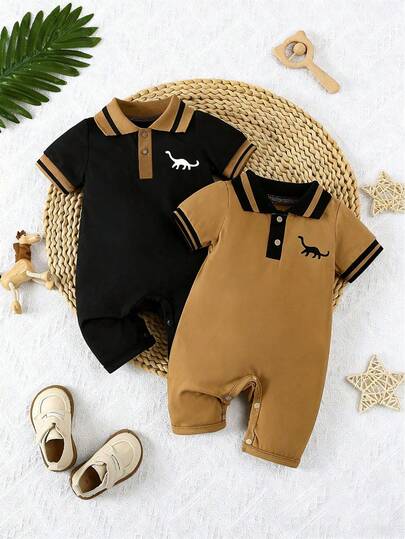 2件套新生儿男宝宝恐龙印花POLO领短袖连体衣套装，夏季