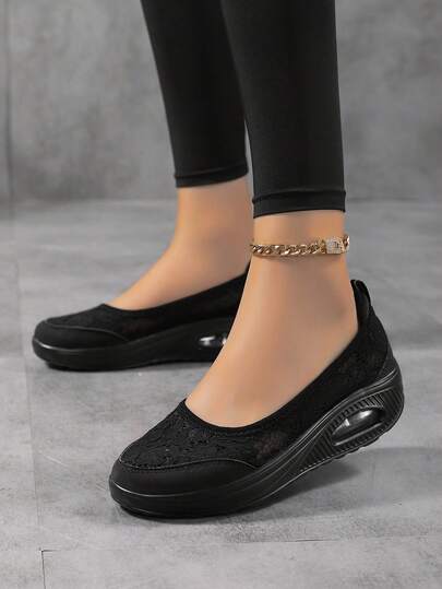 女士休闲套脚摇摆底系带网眼运动鞋，纯色百搭，适合户外步行、通勤和购物