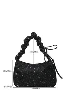 新款时尚星月图案褶皱云朵单肩包，休闲斜挎法棍包，女士 - 黑色 - 查看 3