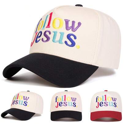1pc Women's "FOLLOW JESUS" Trucker Hat, Personalized Letter Embroidery Baseball Cap, Streetwear Fashion Five-Panel Hat, Outdoor Sun Protection Casual Hat For Spring, Autumn, Travel, Beach