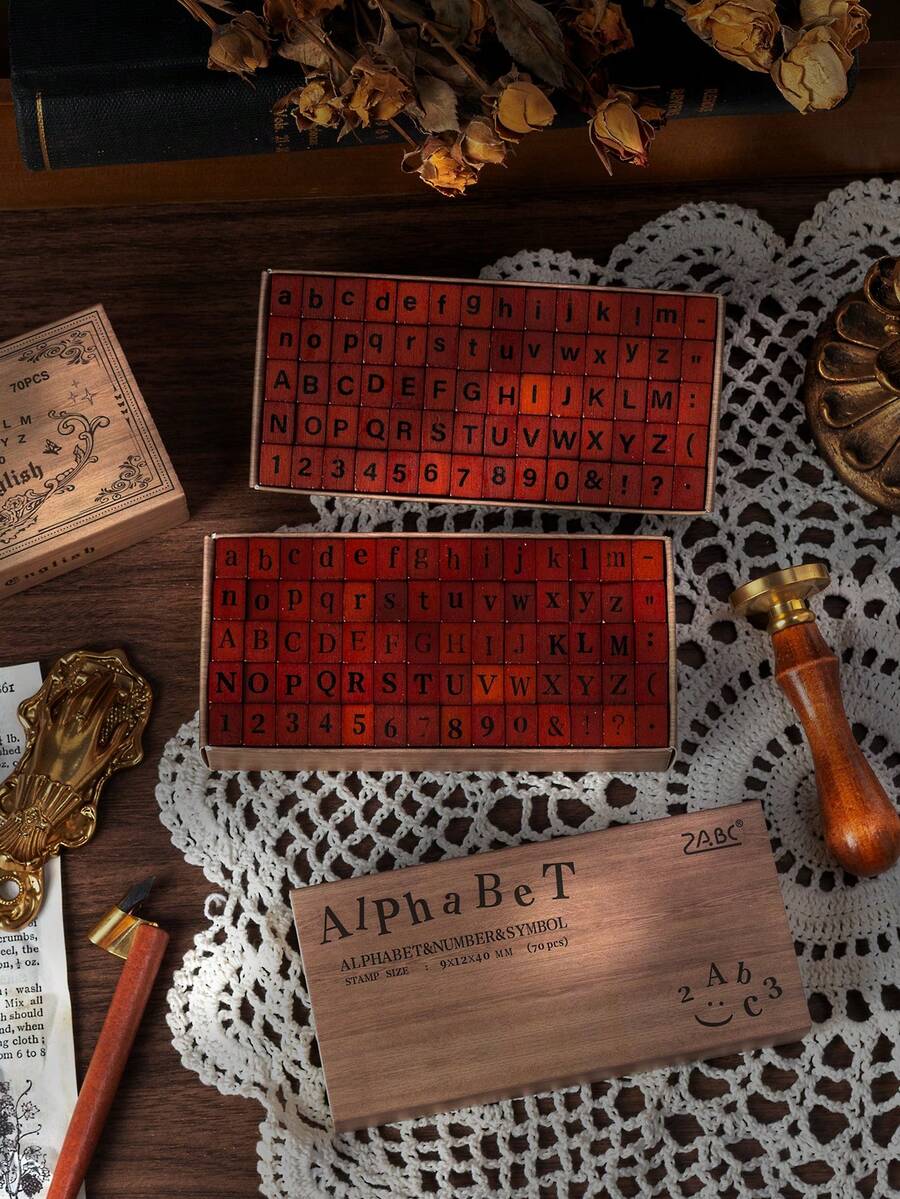 70 pièces/boîte Timbres en bois de la série capsule temporelle carrée vintage rose marron - Alphabet anglais majuscule et minuscule, chiffres et symboles pour le scrapbooking DIY et la décoration - Ensembles - Voir 1