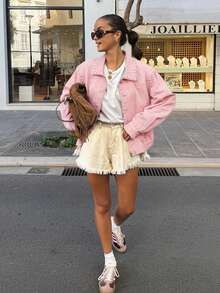 女士新款飞行员风格宽松复古夹克，带口袋，长袖外套，适合春秋季穿着，粉色 - 粉色 - 查看 5