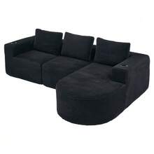Canapé deux places confortable de 265 cm de large avec trois coussins (coussins en plumes + deux porte-gobelets en plastique), idéal pour les petits salons, appartements et bureaux. - Noir - Voir 1