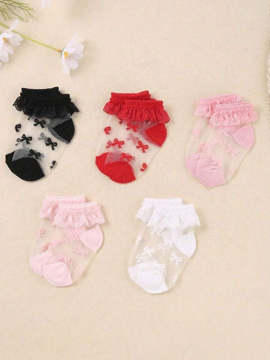 10/5/1 Pair Random Style & Color Baby Girls Lace Trim Dance Socks, Sheer Mesh Princess Socks With Bow & Heart Jacquard Design, Suitable For Daily Wear And Gift, 0-3 Years Old, Valentine's Day & Thanksgiving Gift - Multicolor - View 1