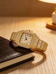 GUANQIN 奢华钻石腕表套装，时尚优雅的石英表，男女皆宜，宝石镶嵌玻璃表带，方形表盘，镶钻罗马数字时标，适合复活节、万圣节、圣诞节、父亲节、生日、返校季、学生、节日、情人节、约会、商务、日常佩戴、礼品、音乐节、婚礼季等场合。 - 金色 - 查看 6