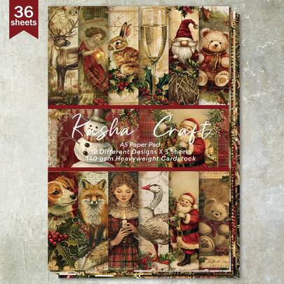 36 fogli A5 (sfondo natalizio con griglia e bordo rosso) per scrapbooking, adatti per bullet journal, collage, biglietti, album di ritagli e artigianato