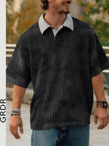 GRDR Men's Fashion Short Sleeve Casual Commuting Striped Polo Shirt, Collared Short Sleeve T-Shirt For Daily Wear - Black - View 1