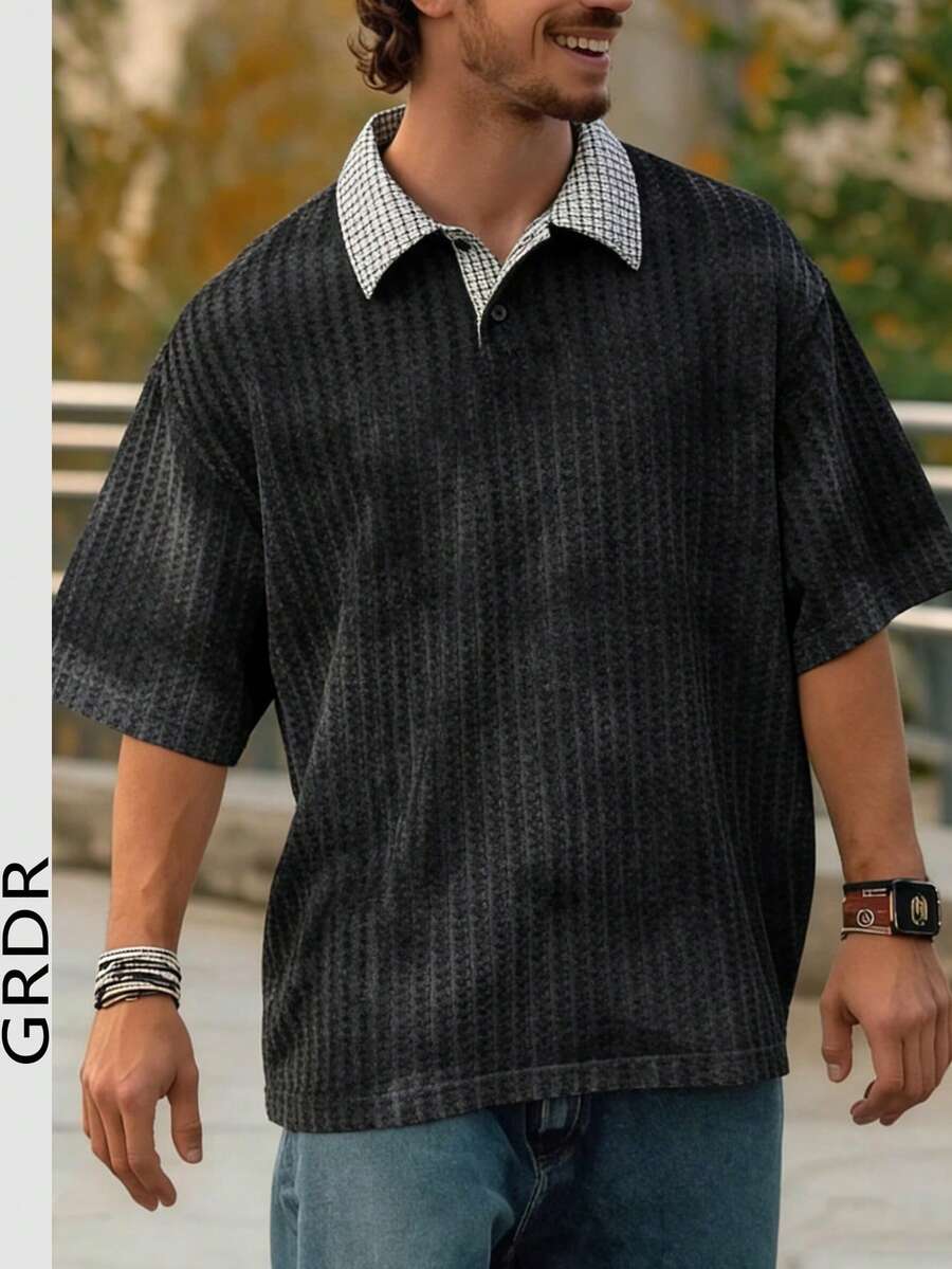GRDR Men's Fashion Short Sleeve Casual Commuting Striped Polo Shirt, Collared Short Sleeve T-Shirt For Daily Wear - Black - View 1