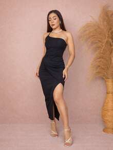 Long Draped Bodycon Dress With Single Straps And Slit - Negro - Ver 1