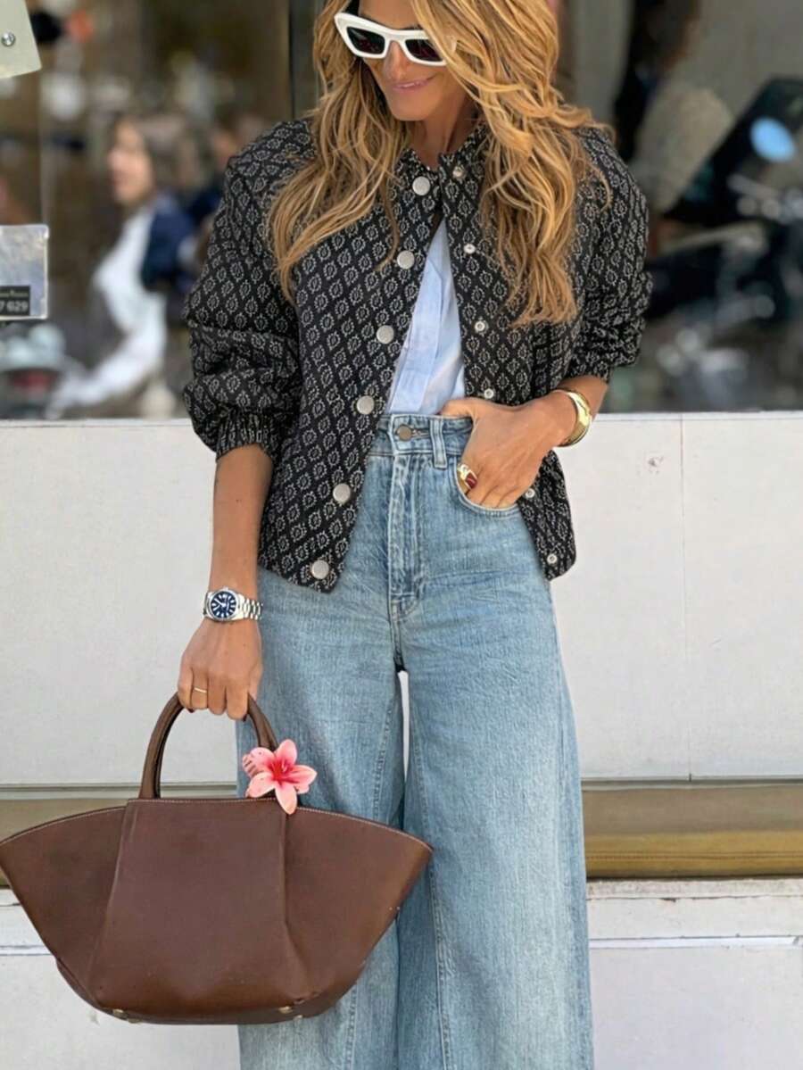 Áo khoác nữ mùa thu/đông in họa tiết, dáng mỏng nhẹ, thời trang & thanh lịch, phong cách thường ngày & đa năng, màu đen, thích hợp cho mùa xuân. - màu đen - Xem 1