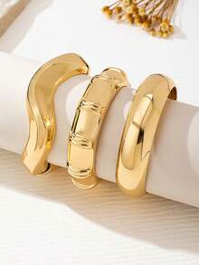 3件套夏季海滩度假主题时尚简约金色竹节结水滴粗手镯套装，适合女性，厚实金属锌合金材质 - 金黃色 - 查看 2
