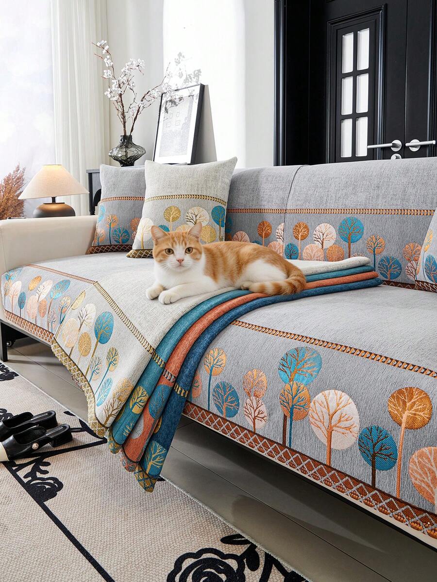 1PC Chenille Jacquard Sofa Cover With Full Moon Tree Pattern, Non-Slip Pet-Resistant Cushion Pad, All-Season, Machine Washable, Elegant Decor For Room, Premium Sofa Protector