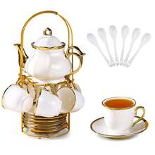 20 Pcs Porcelain Tea Set With Metal Holder, European Ceramic Tea Set For Adults, Tea Set Gift For Party (White) - White - View 13