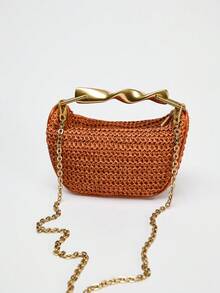 Bolso de hombro mini con cremallera y asa de metal, correa de hombro ajustable, tejido para la playa - Naranja - Ver 8