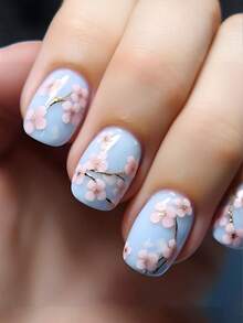 24 móng tay giả dán ngắn hình vuông kiểu Pháp, màu xanh nhạt Y2K với họa tiết hoa, có thể tái sử dụng, làm từ acrylic, kèm theo 24 miếng dán gel và một dũa mini. - Màu xanh nhạt - Xem 7