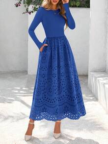 Women Casual Eyelet Long Sleeve Crewneck A-Line Boho Maxi Dresses Spring Autumn Hawaii Wedding Guest Holiday Vacation Long Dress Pockets Outfits - Màu xanh lam - Xem 1