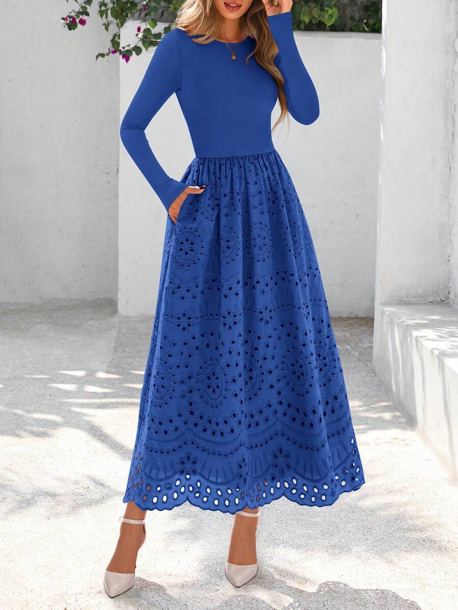 Women Casual Eyelet Long Sleeve Crewneck A-Line Boho Maxi Dresses Spring Autumn Hawaii Wedding Guest Holiday Vacation Long Dress Pockets Outfits - Màu xanh lam - Xem 1