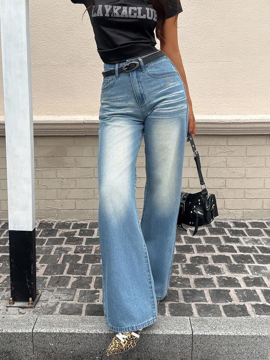 Women's High Waist Straight Leg Jeans, Non-Stretch, Personalized Washed & Distressed - Light Wash - View 1