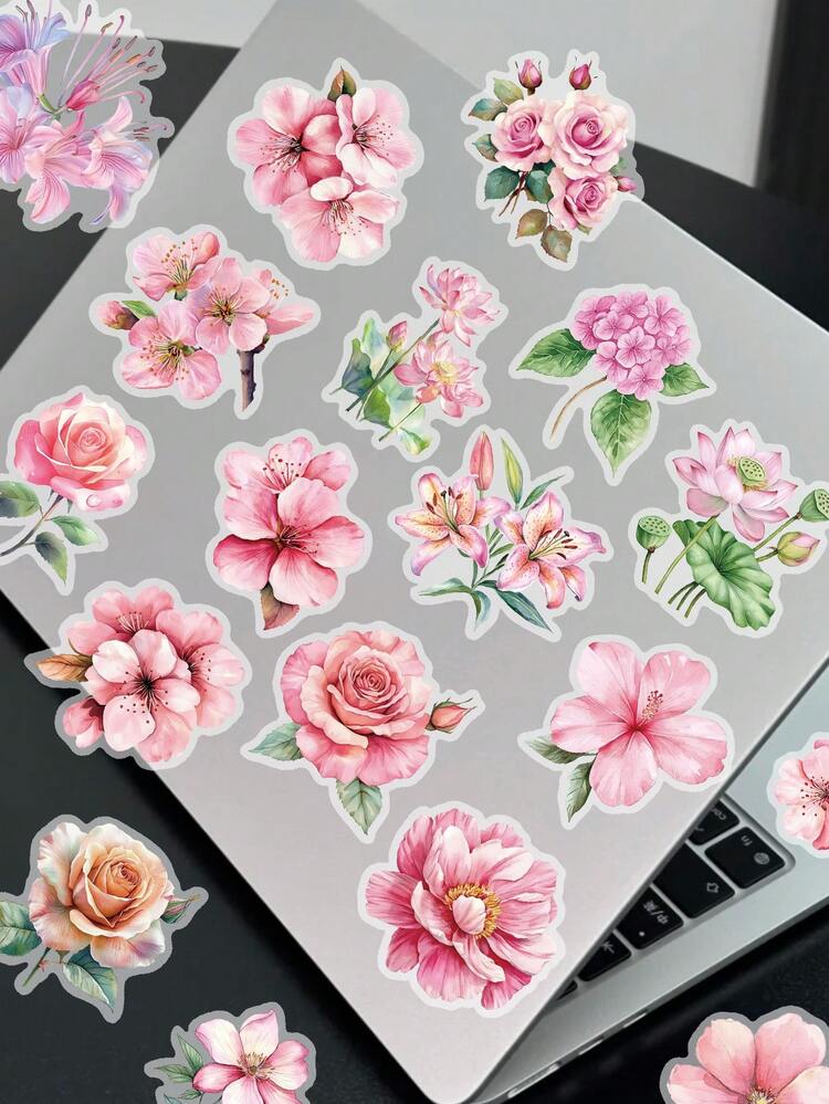 50-Piece Set Of Pink Floral Stickers. Made From High-Quality PET Material, These Attractive Self-Adhesive Stickers Are Ideal For Diaries, Fridges, Skateboards, Guitars, Manuals And Party Decorations. Featuring Vibrant Colours, They Are Suitable For Use On Metal And Ceramic Surfaces And Are Perfect For Winter And New Year Celebrations. - View 4