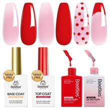 Beetles Dusky Rose French Tip Gel Polish Set, 2 Colors HEMA-Free Red & Jelly Pink With Base & Top Coat, Soak Off UV LED French Manicure Kit, Perfect For Beginners & Professionals Spring Nail Art - 15ML 4Pcs Dusky Rose - 查看 1