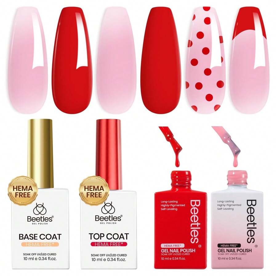 Beetles Dusky Rose French Tip Gel Polish Set, 2 Colors HEMA-Free Red & Jelly Pink With Base & Top Coat, Soak Off UV LED French Manicure Kit, Perfect For Beginners & Professionals Spring Nail Art - 15ML 4Pcs Dusky Rose - 查看 1